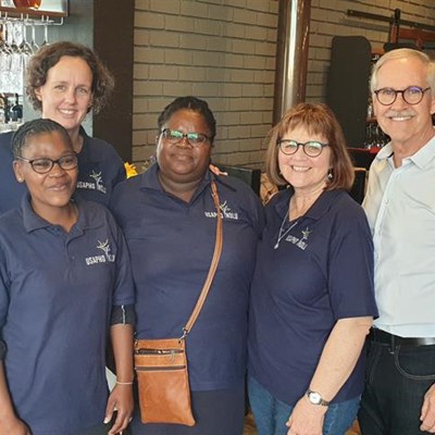 Brett Johnson, founder of the Institute for Innovation, Integration and Impact, with volunteers and staff of Usapho Indlu, from left: Natalie Mentoor, Siphokazi Manangana, Andrea Moss, Neziswa Matiso and founder and director Sally Versfeld. Photo: Alida de Beer Brett Johnson, founder of the Institute for Innovation, Integration and Impact, with volunteers and staff of Usapho Indlu, from left: Natalie Mentoor, Siphokazi Manangana, Andrea Moss, Neziswa Matiso and founder and director Sally Versfeld. Photo: Alida de Beer